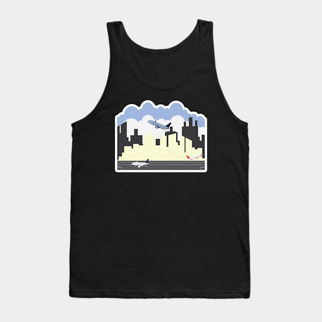 Airport building and airplanes on runway. Travel and tourism illustration design. Airport building and airplanes on runway. Tank Top by AlviStudio